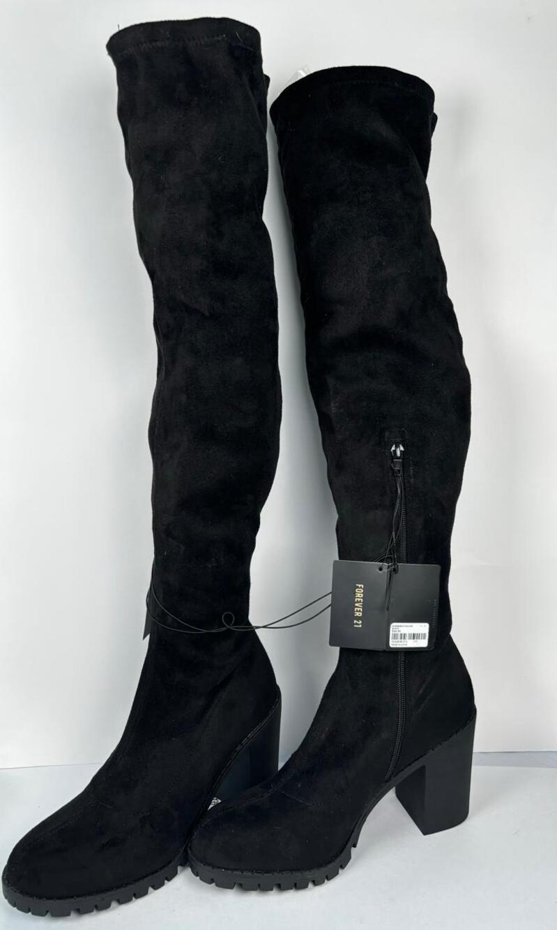 Forever 21 Womens Boots Sz 10 Over Knee Black Faux Suede 4 inch Chunky Heel NWT
